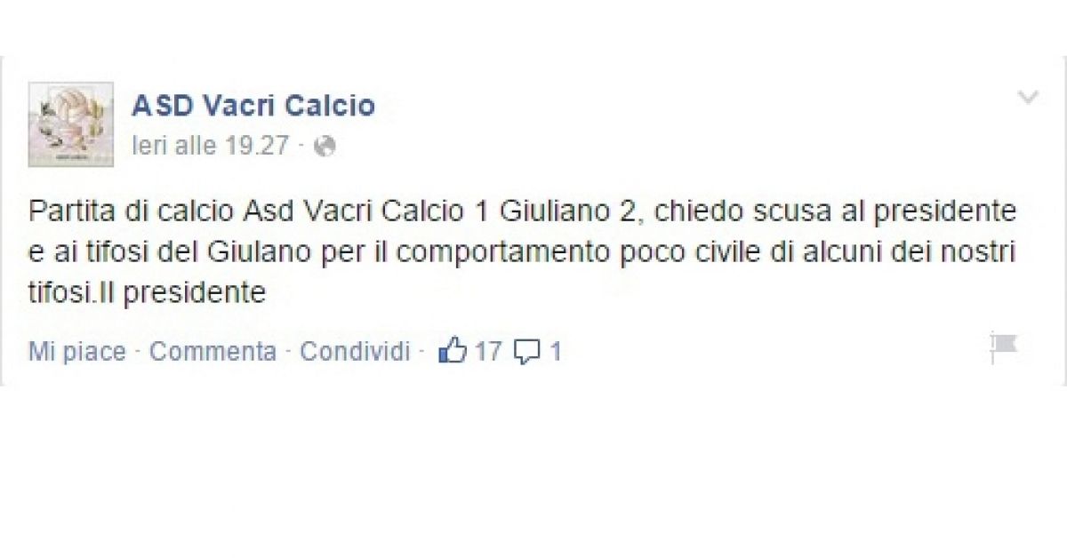 Il post scritto sui social dalla società A. S. D. Vacri Calcio a firma del presidente
