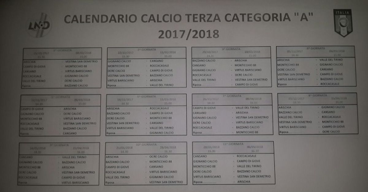 Terza Categoria. Svelati i calendari 2017-18