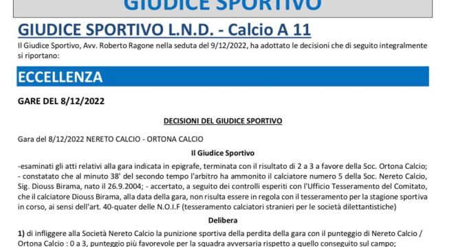 Giudice Sportivo: Nereto sconfitto a tavolino (0-3)