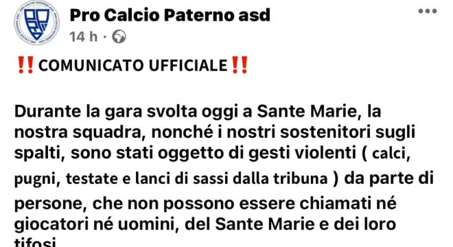 Giallo a Sante Marie: la Pro Paterno condanna fermamente l'aggressione durante la partita di Terza Categoria